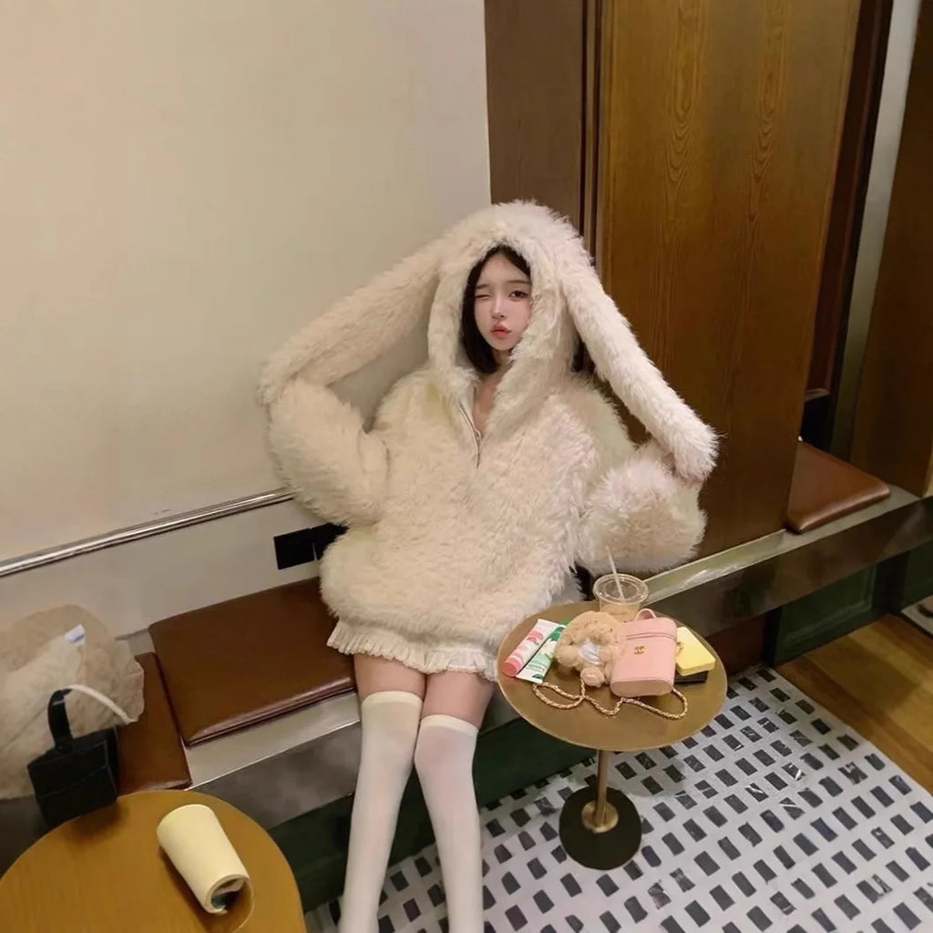 Lamb Fur Jacket Women's Loose Thickened Autumn Winter New Style Environmental Protection Cute Rabbit Ear Double-sided Cotton ...