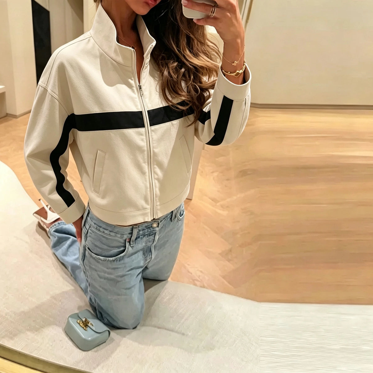 Suninheart Autumn Women's Jackets Oversized Vintage Bomber Jacket Zip Up Stand Collar Short Coat Streetwear Fashion Outwear