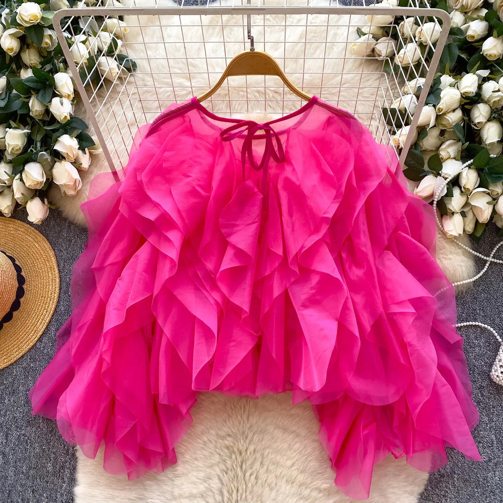 2026 New Spring Autumn Women Korean Style O-neck Long Sleeve Shirt Multi Layer Ruffles Solid Color Chiffon Shirt Tops