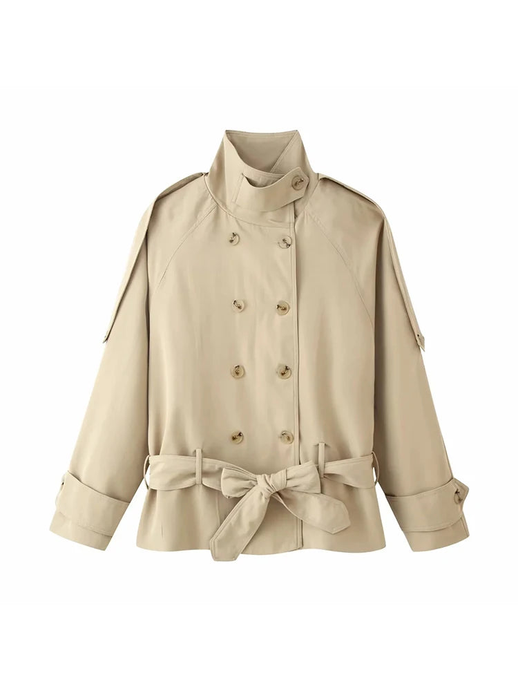 Women Vintage Chic Trench Khaki Coat Women Solid Stand Collar Double Breasted Belt Bow Coat Female Fashion Spring Summer Outwear