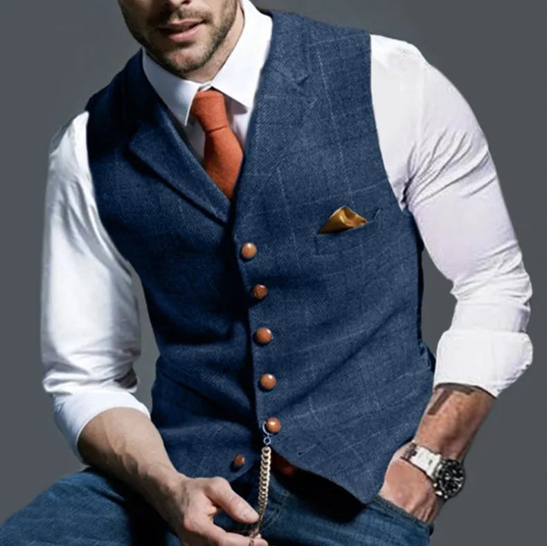 Brown Casual Gentleman Men's Army Green Vest Plaid Soft Wool Jacket Tweed Business Waistcoat For Wedding Best Man